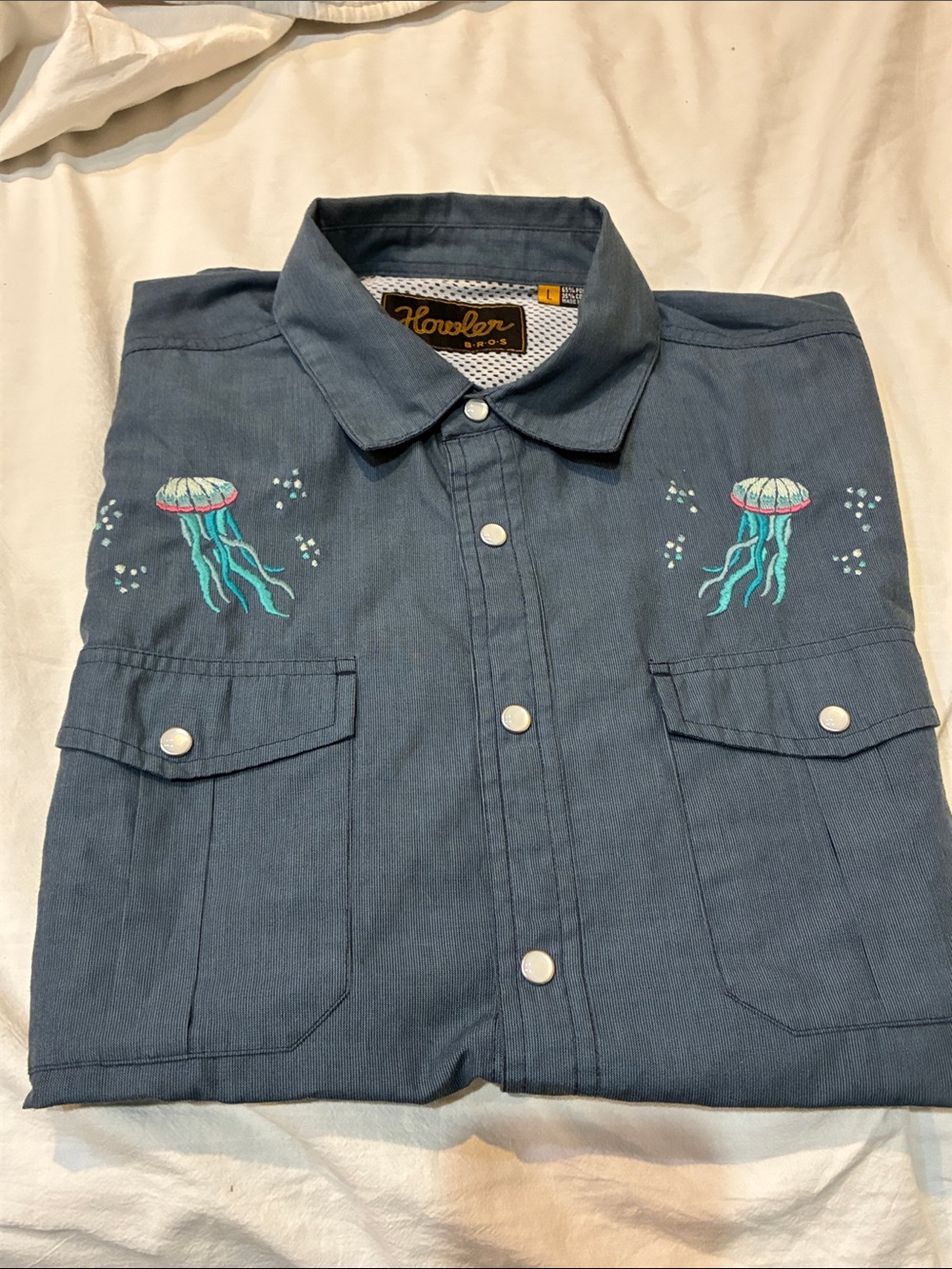 Howler Brothers Blue Button-Down Shirt with Jellyfish Embroidery - Large NWOT